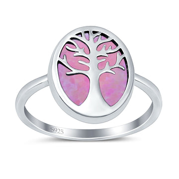Oval Tree of Life Ring Lab Created Pink Opal Rhodium Plated 925 Sterling Silver